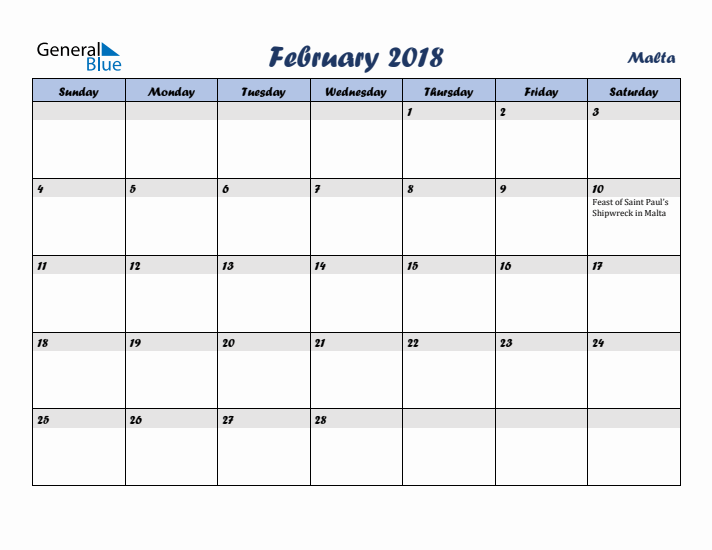 February 2018 Calendar with Holidays in Malta