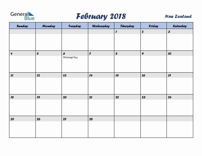 February 2018 Calendar with Holidays in New Zealand