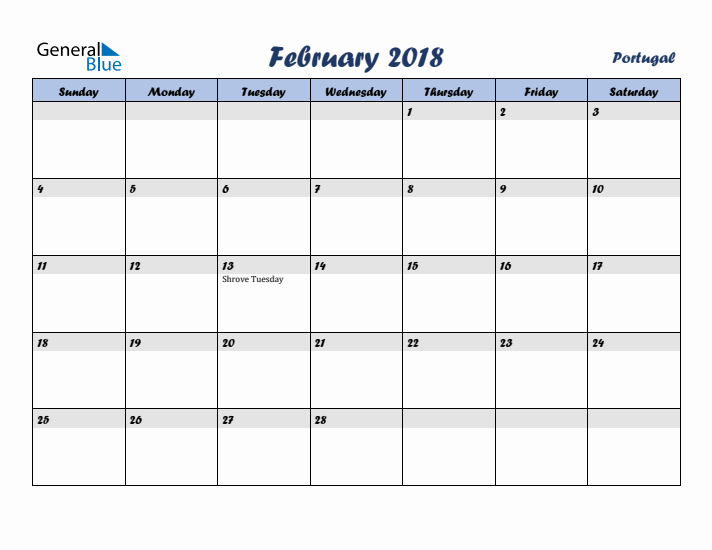 February 2018 Calendar with Holidays in Portugal