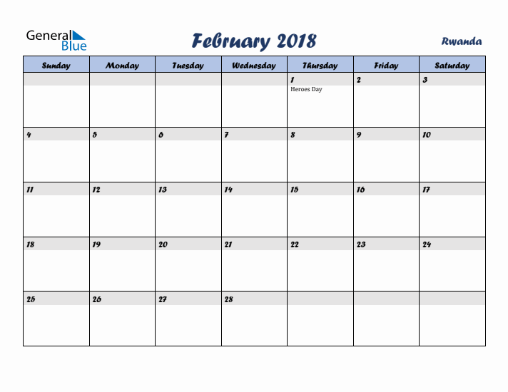 February 2018 Calendar with Holidays in Rwanda