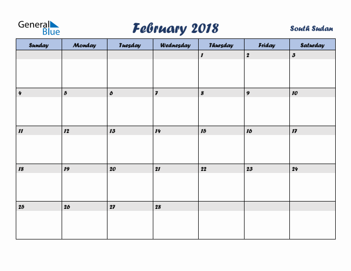 February 2018 Calendar with Holidays in South Sudan