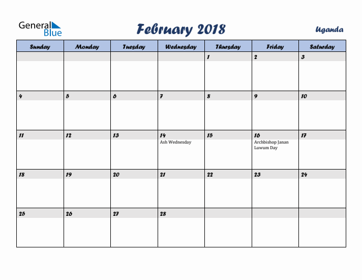 February 2018 Calendar with Holidays in Uganda