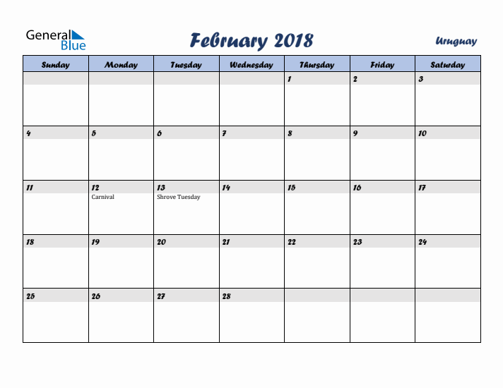 February 2018 Calendar with Holidays in Uruguay