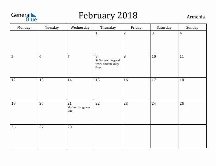 February 2018 Calendar Armenia