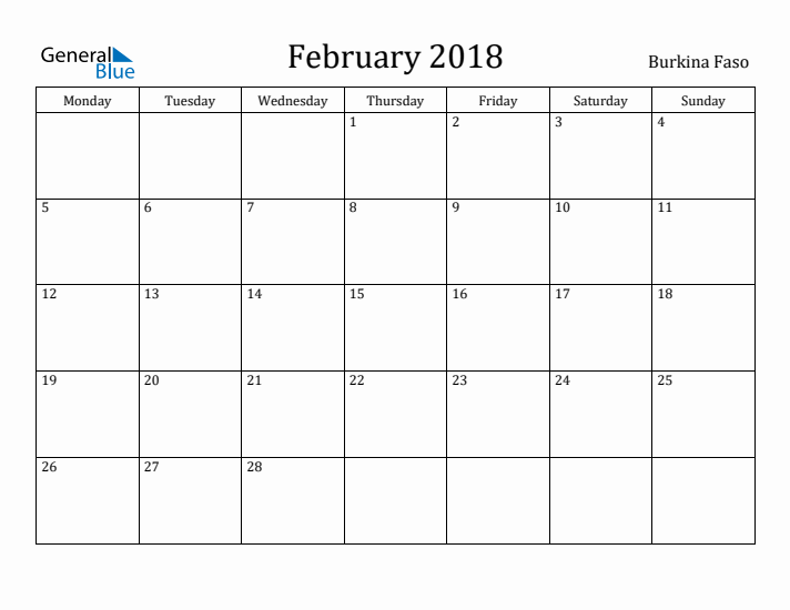 February 2018 Calendar Burkina Faso