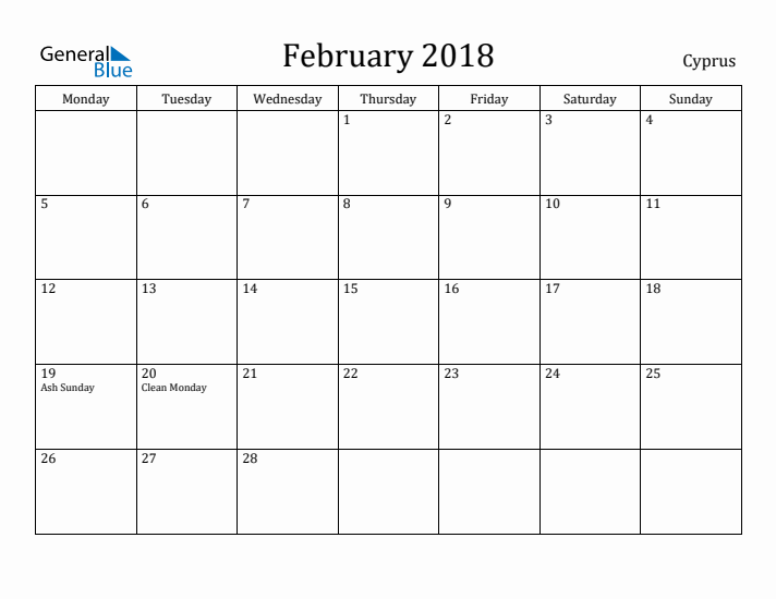 February 2018 Calendar Cyprus