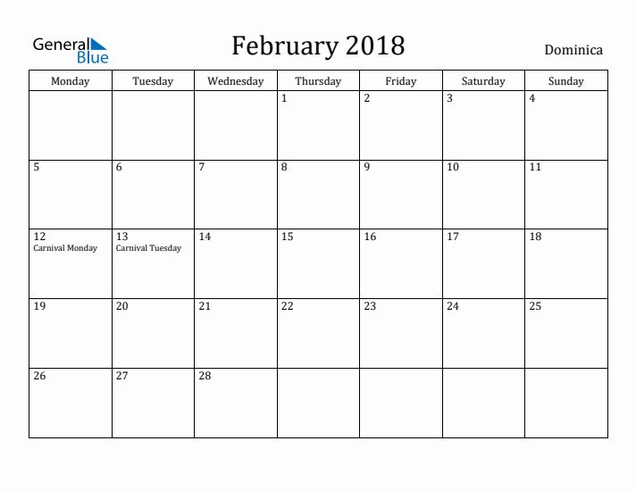 February 2018 Calendar Dominica