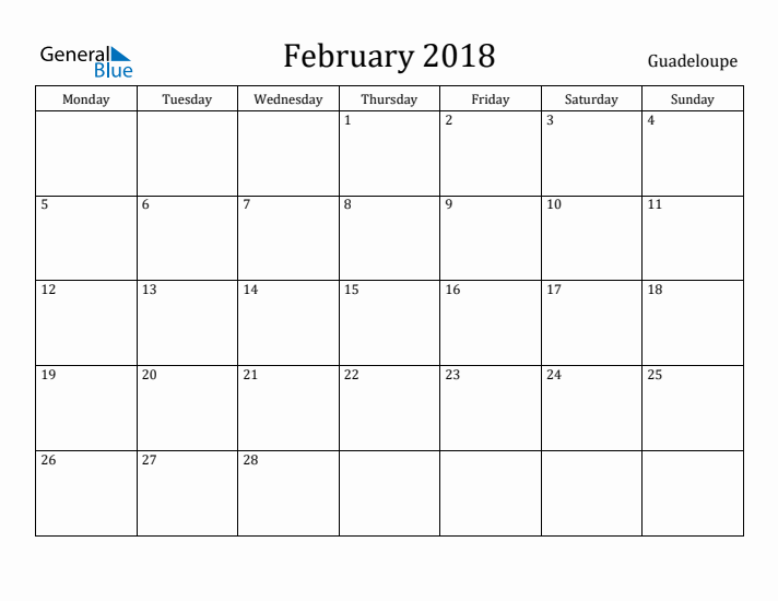 February 2018 Calendar Guadeloupe