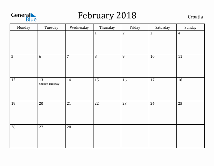 February 2018 Calendar Croatia