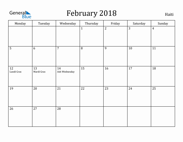 February 2018 Calendar Haiti