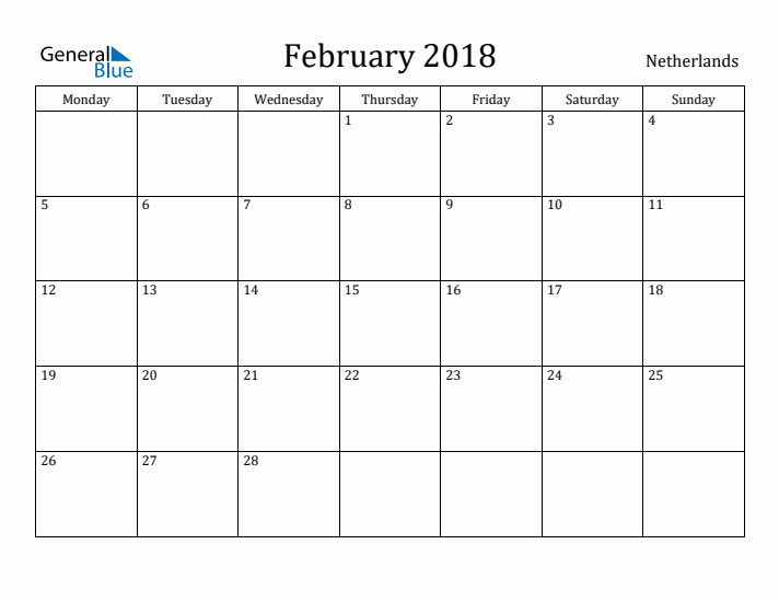 February 2018 Calendar The Netherlands