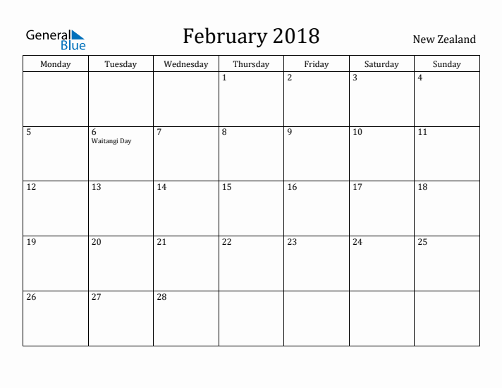 February 2018 Calendar New Zealand