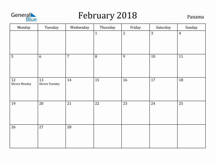 February 2018 Calendar Panama