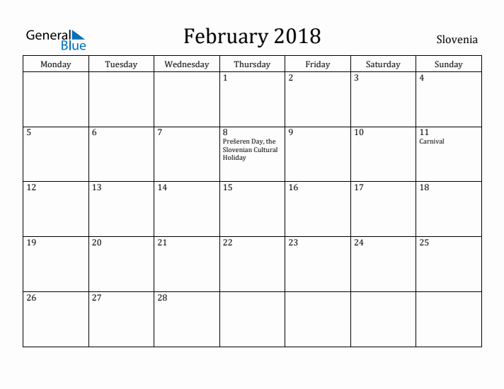 February 2018 Calendar Slovenia