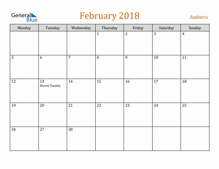 February 2018 Holiday Calendar with Monday Start