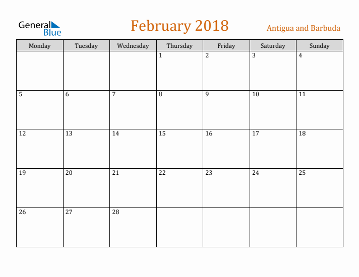 February 2018 Holiday Calendar with Monday Start