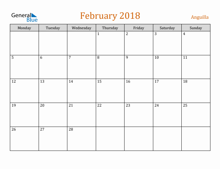 February 2018 Holiday Calendar with Monday Start