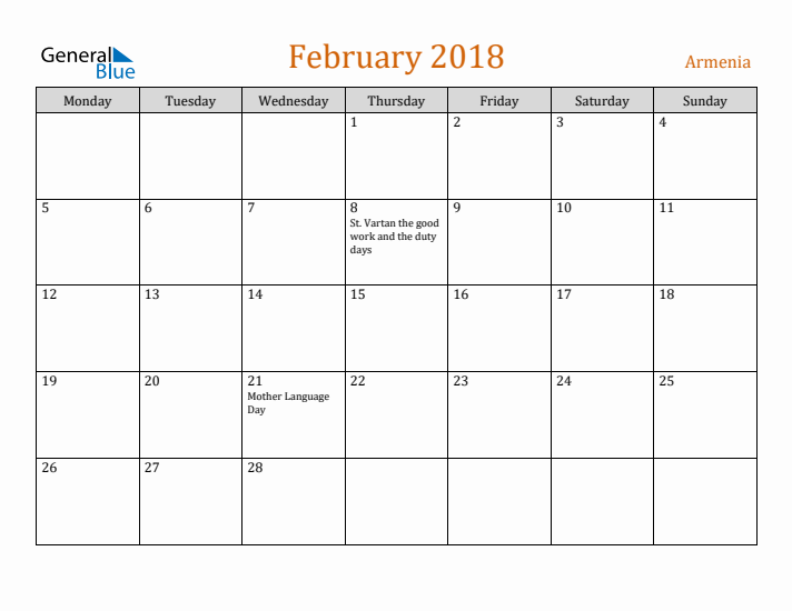 February 2018 Holiday Calendar with Monday Start