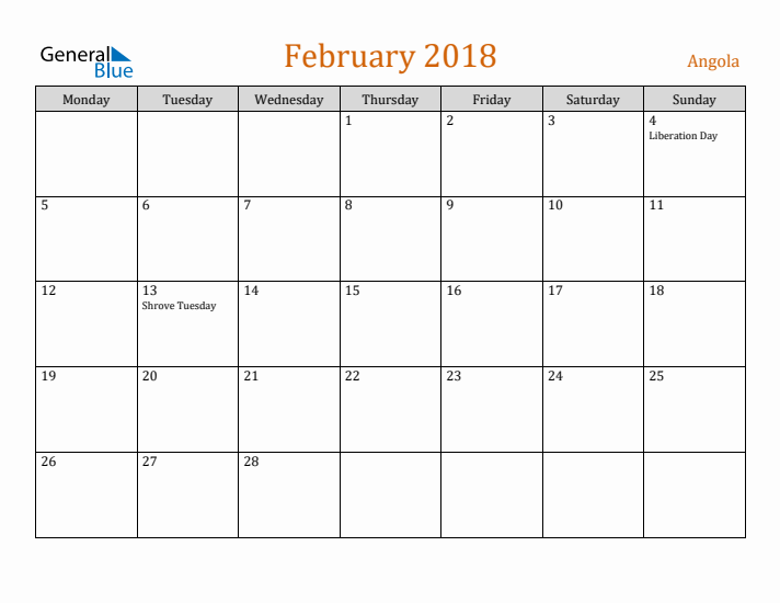 February 2018 Holiday Calendar with Monday Start