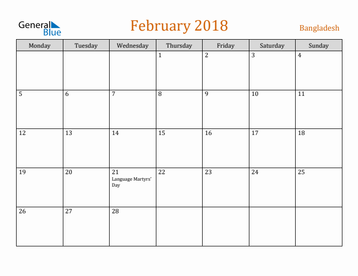 February 2018 Holiday Calendar with Monday Start