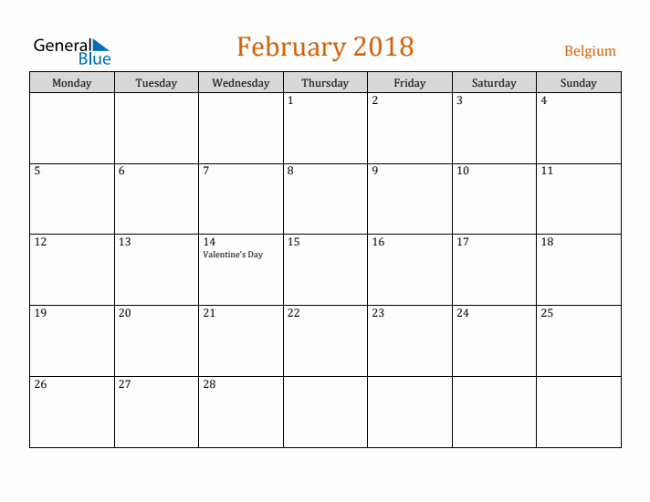 February 2018 Holiday Calendar with Monday Start