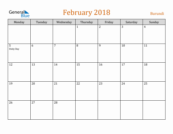 February 2018 Holiday Calendar with Monday Start