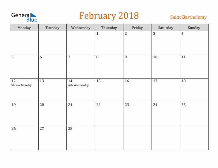 February 2018 Holiday Calendar with Monday Start