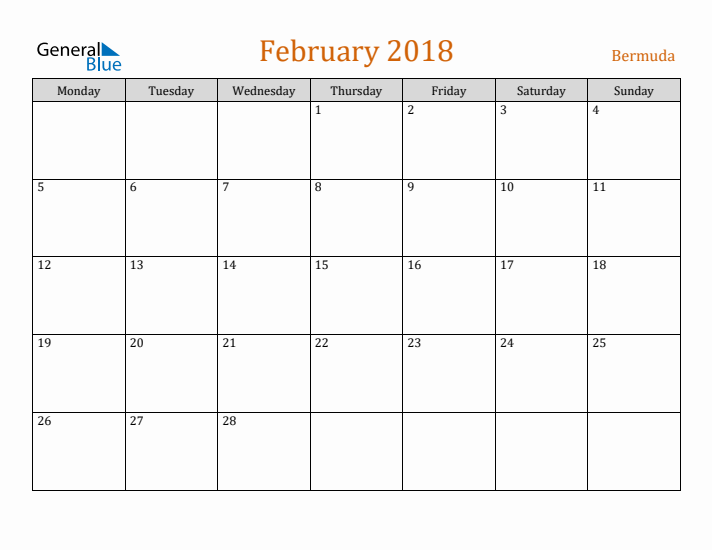 February 2018 Holiday Calendar with Monday Start