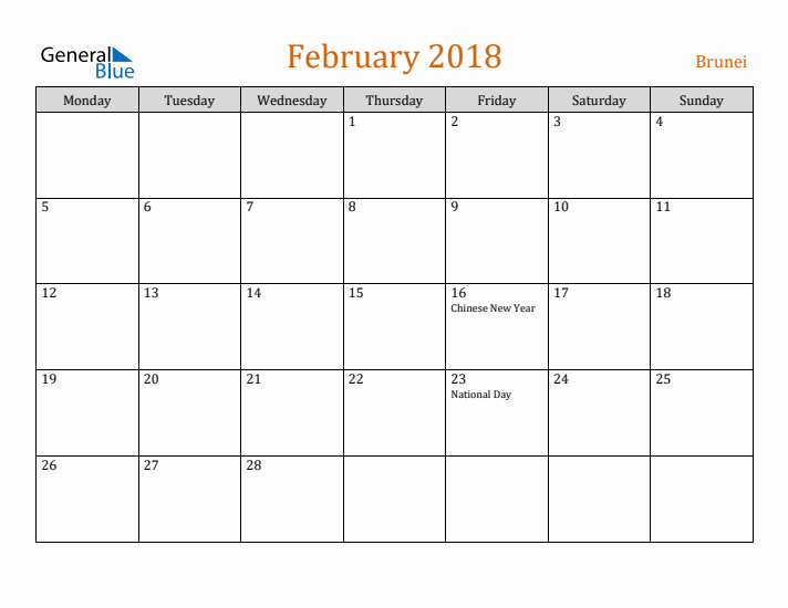 February 2018 Holiday Calendar with Monday Start