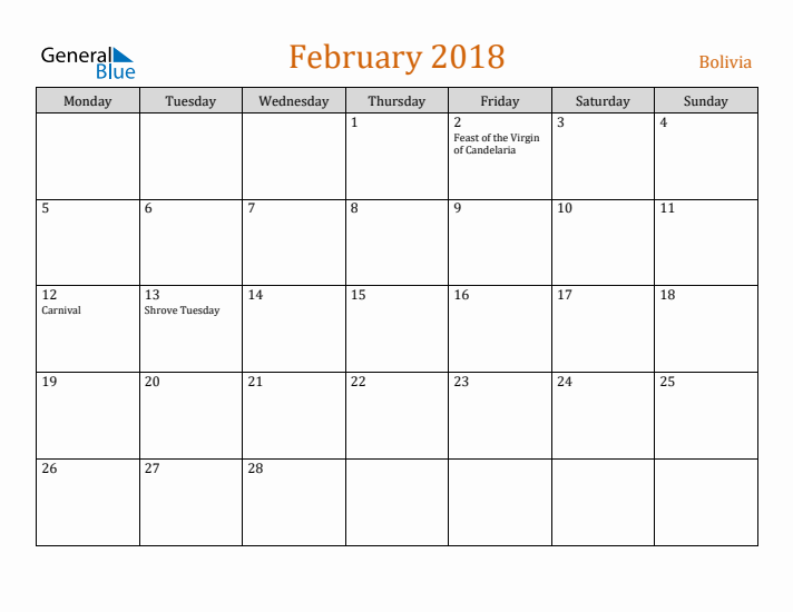 February 2018 Holiday Calendar with Monday Start