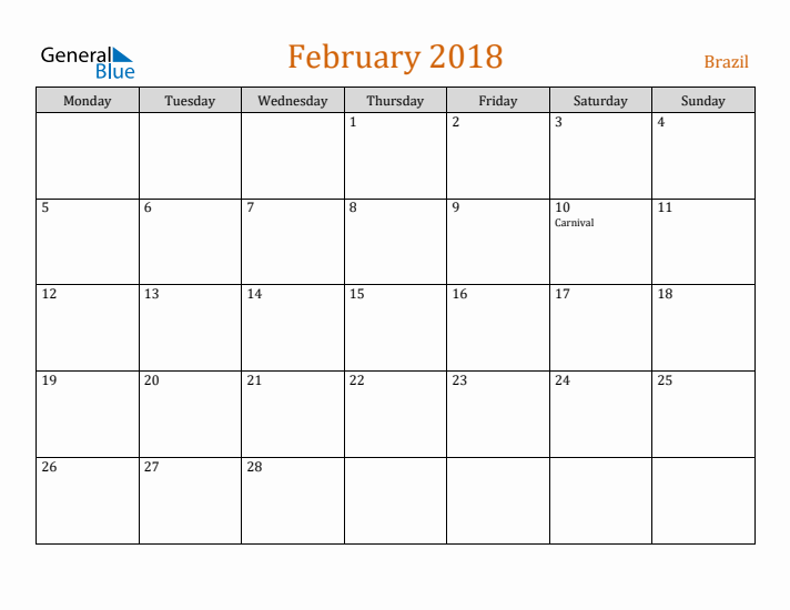 February 2018 Holiday Calendar with Monday Start