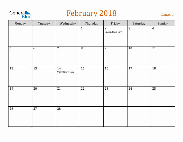 February 2018 Holiday Calendar with Monday Start