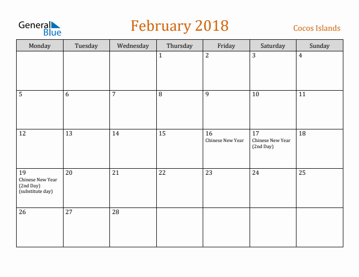 February 2018 Holiday Calendar with Monday Start