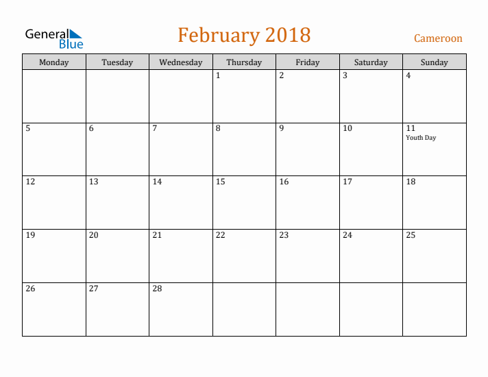 February 2018 Holiday Calendar with Monday Start