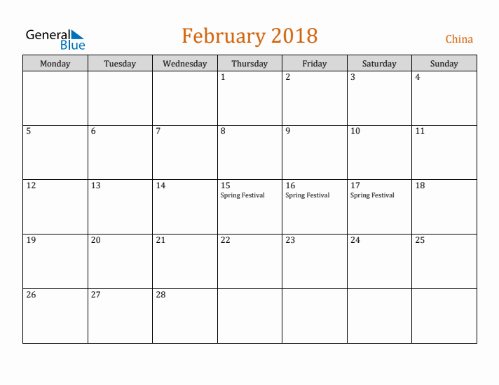 February 2018 Holiday Calendar with Monday Start