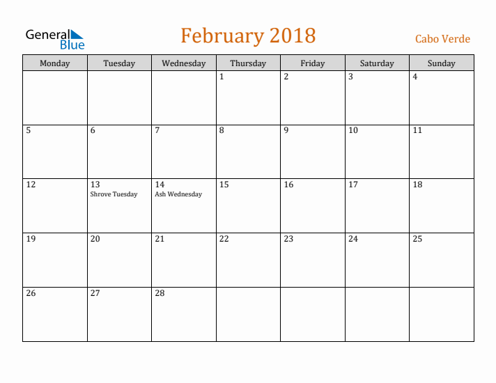 February 2018 Holiday Calendar with Monday Start