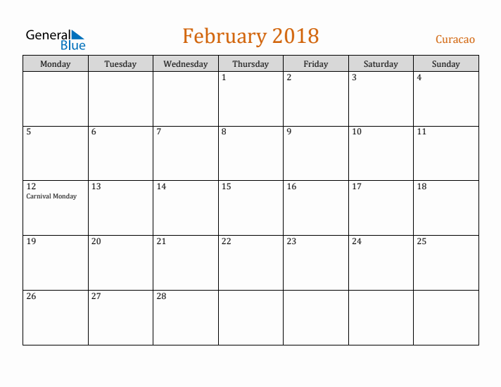 February 2018 Holiday Calendar with Monday Start