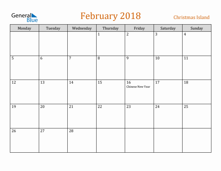 February 2018 Holiday Calendar with Monday Start