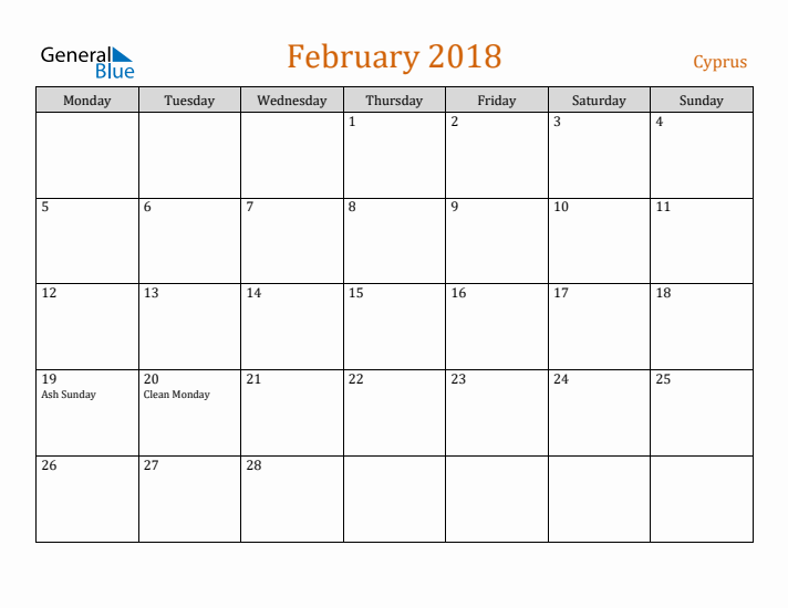 February 2018 Holiday Calendar with Monday Start