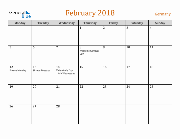 February 2018 Holiday Calendar with Monday Start