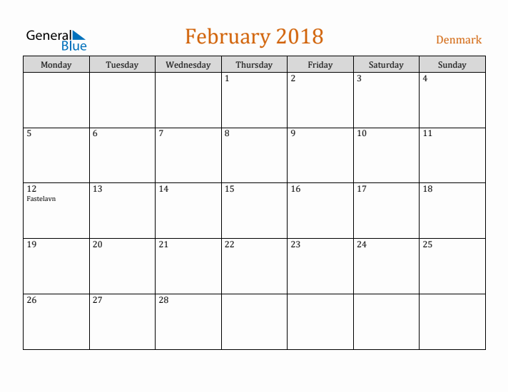 February 2018 Holiday Calendar with Monday Start