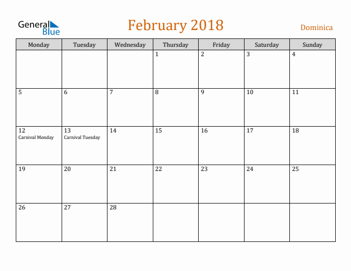 February 2018 Holiday Calendar with Monday Start