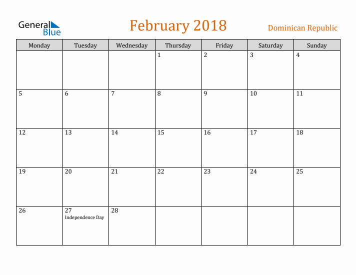 February 2018 Holiday Calendar with Monday Start