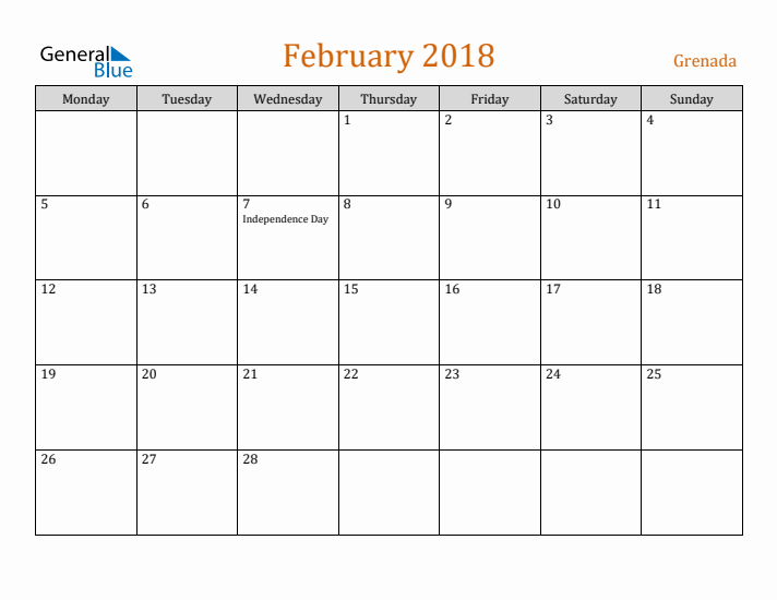 February 2018 Holiday Calendar with Monday Start