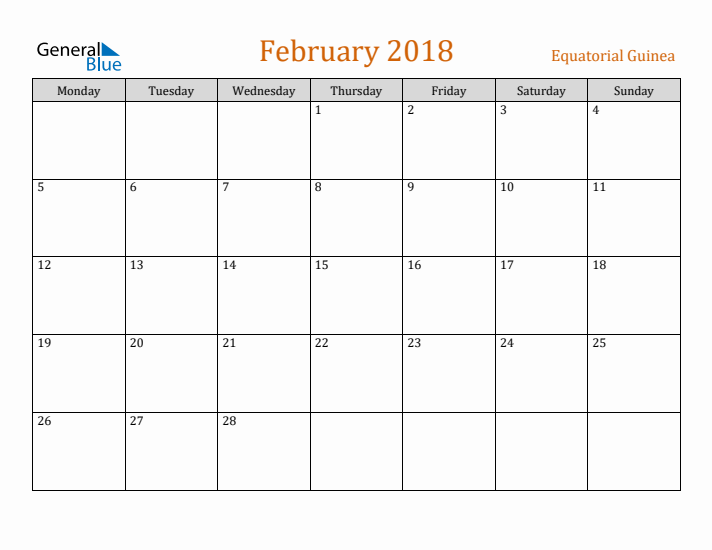 February 2018 Holiday Calendar with Monday Start