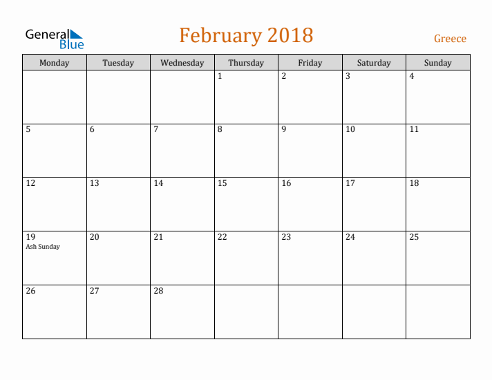 February 2018 Holiday Calendar with Monday Start