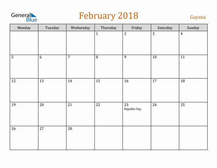 February 2018 Holiday Calendar with Monday Start