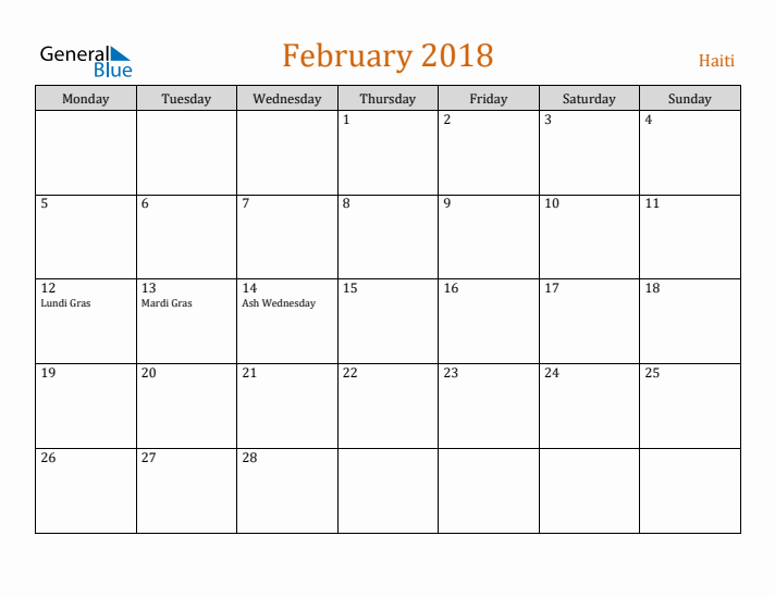 February 2018 Holiday Calendar with Monday Start