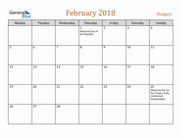 February 2018 Holiday Calendar with Monday Start