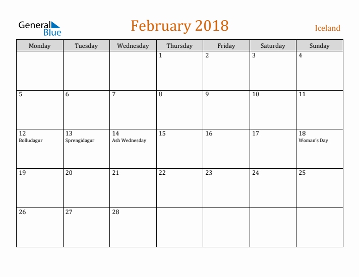 February 2018 Holiday Calendar with Monday Start